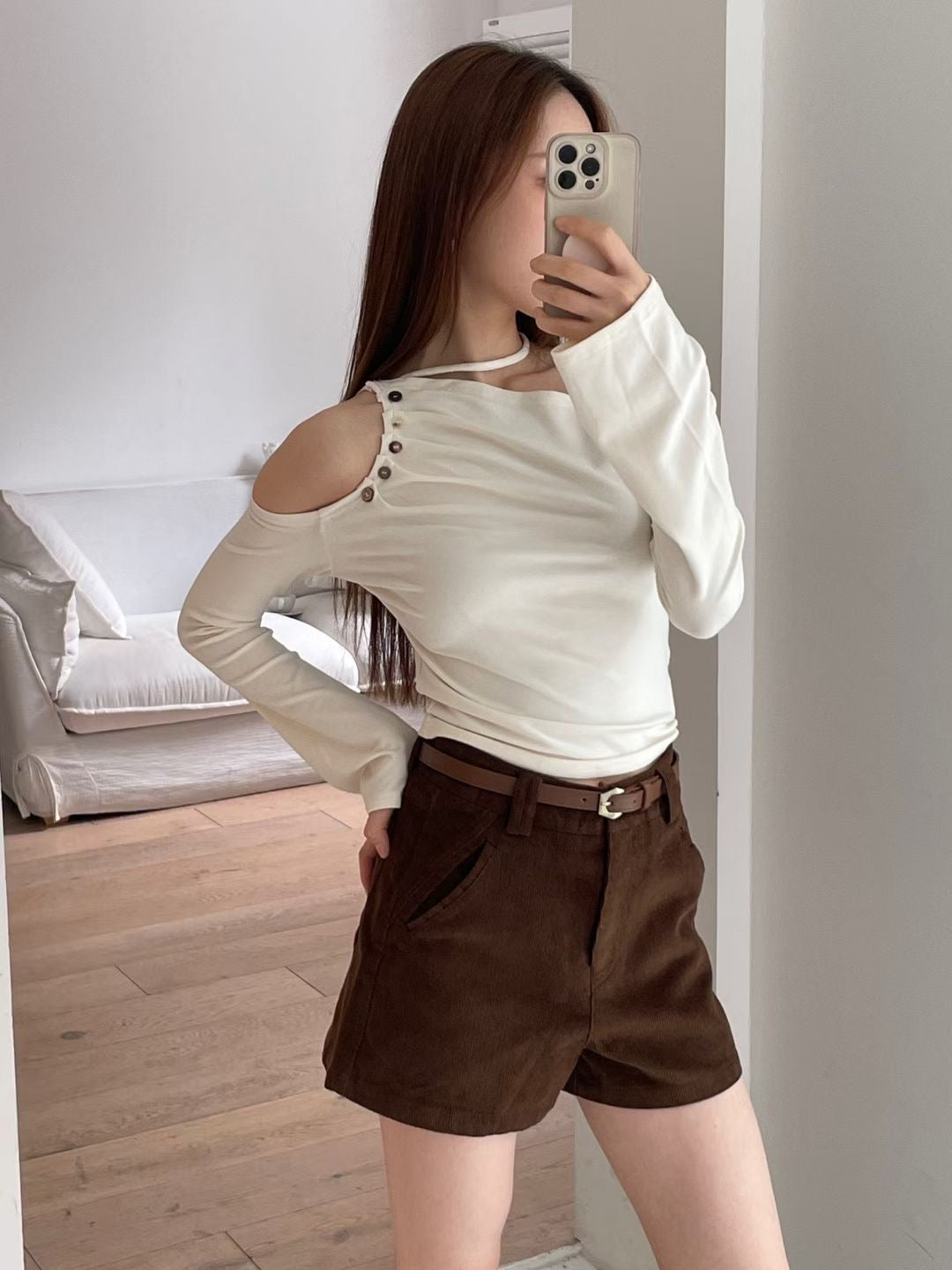 Side-Button One-Shoulder Top