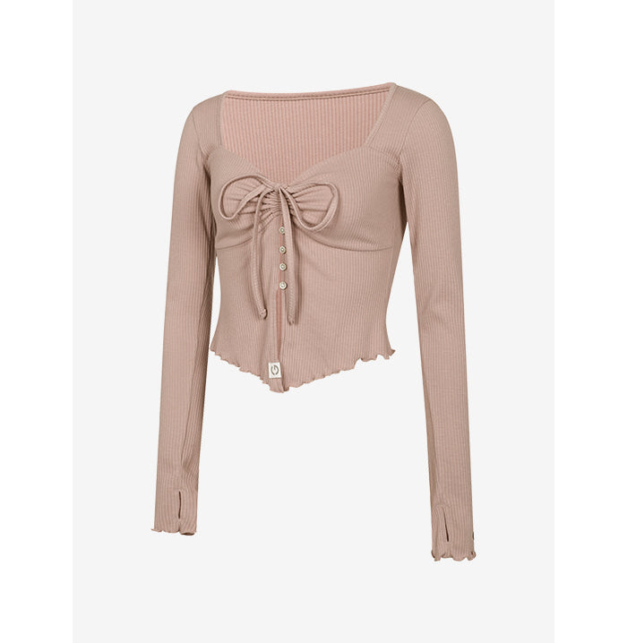 Shirring Heart Neck Long Sleeves