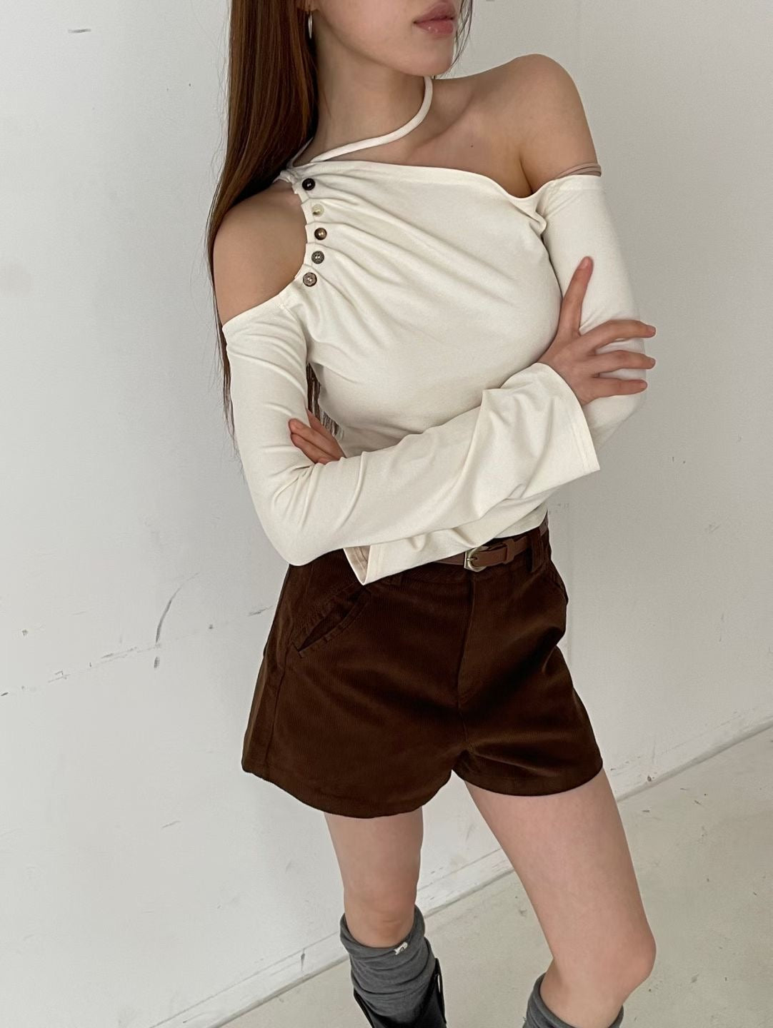 Side-Button One-Shoulder Top
