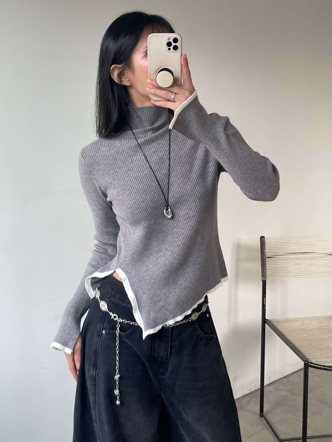 Ribbed High Neck Long Sleeves