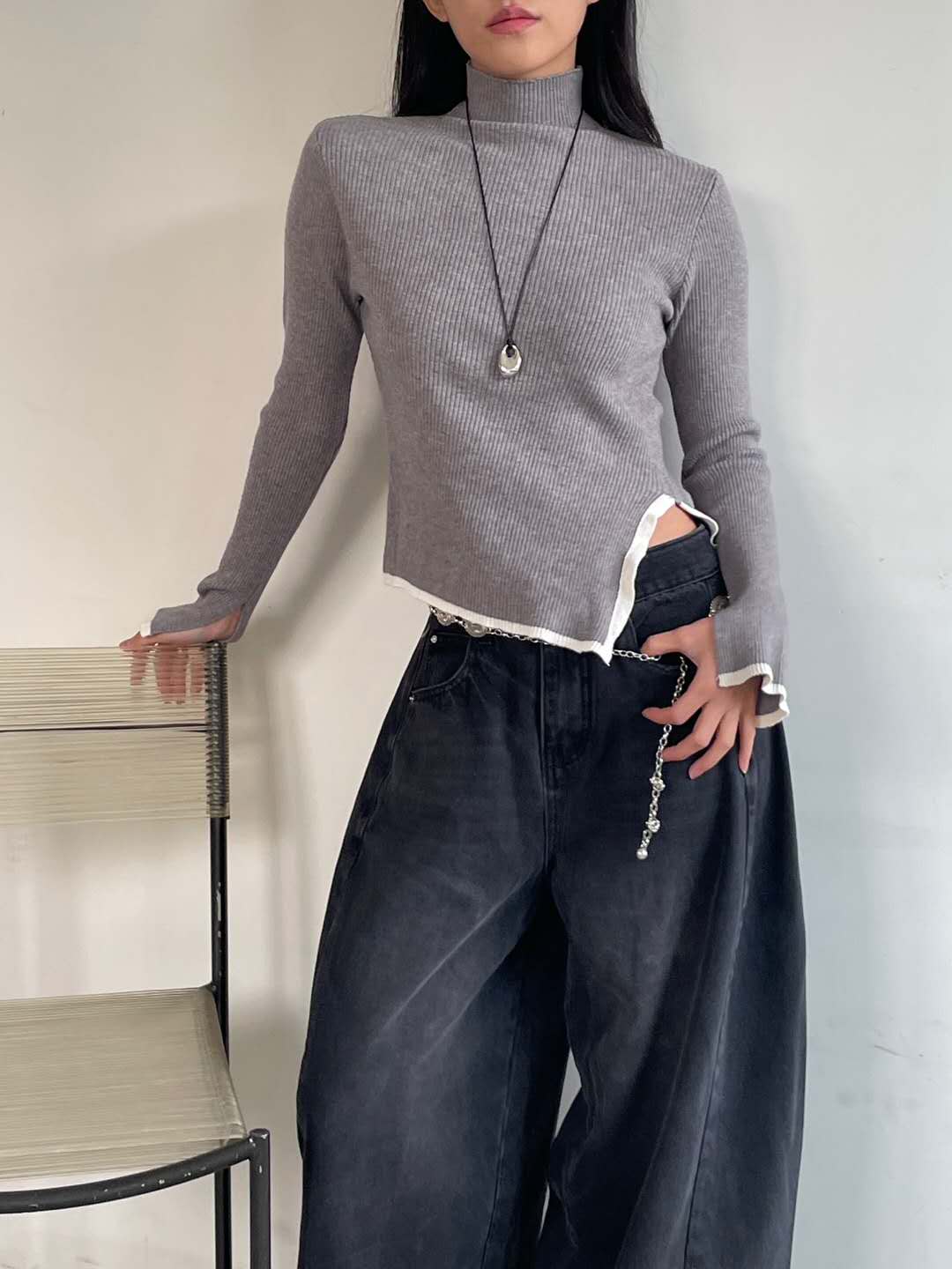 Ribbed High Neck Long Sleeves