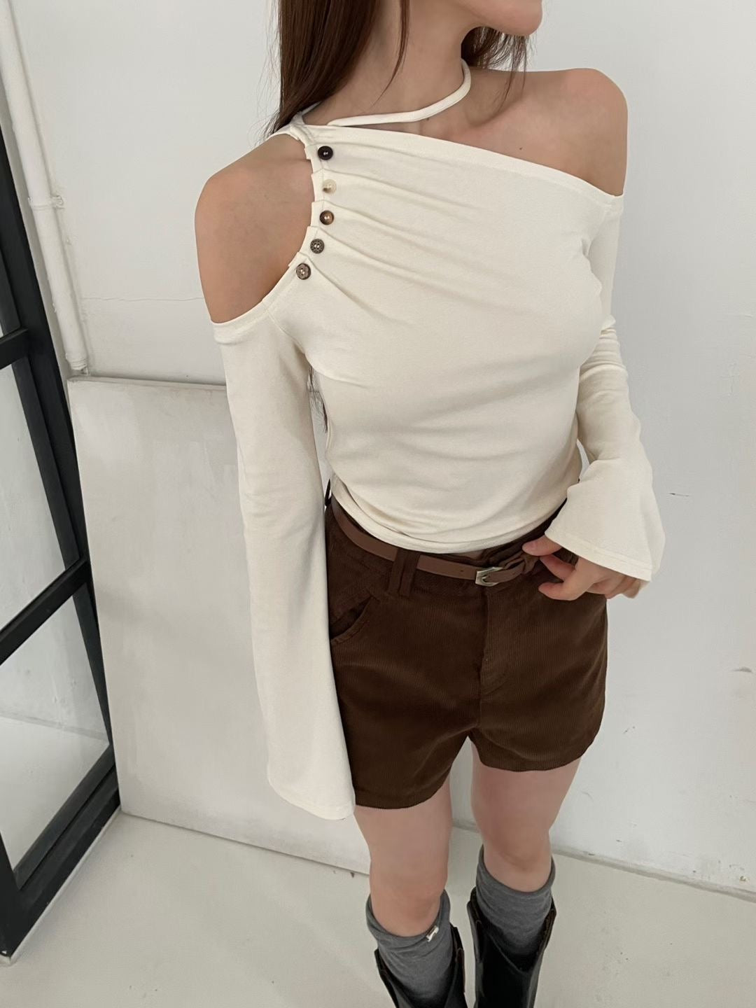 Side-Button One-Shoulder Top