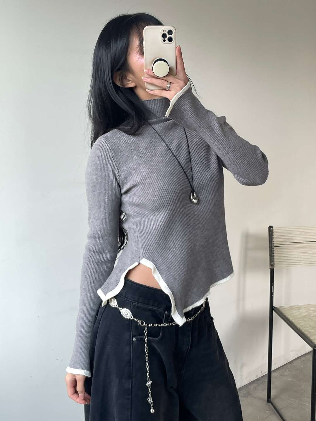 Ribbed High Neck Long Sleeves