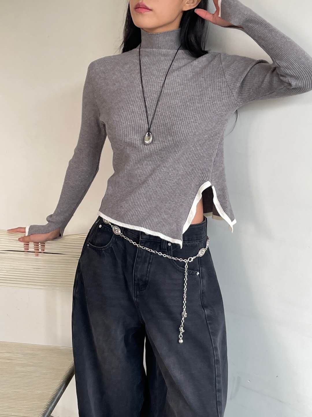 Ribbed High Neck Long Sleeves